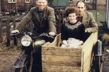 Wilky and his home made sidecar with wife madge and a friend